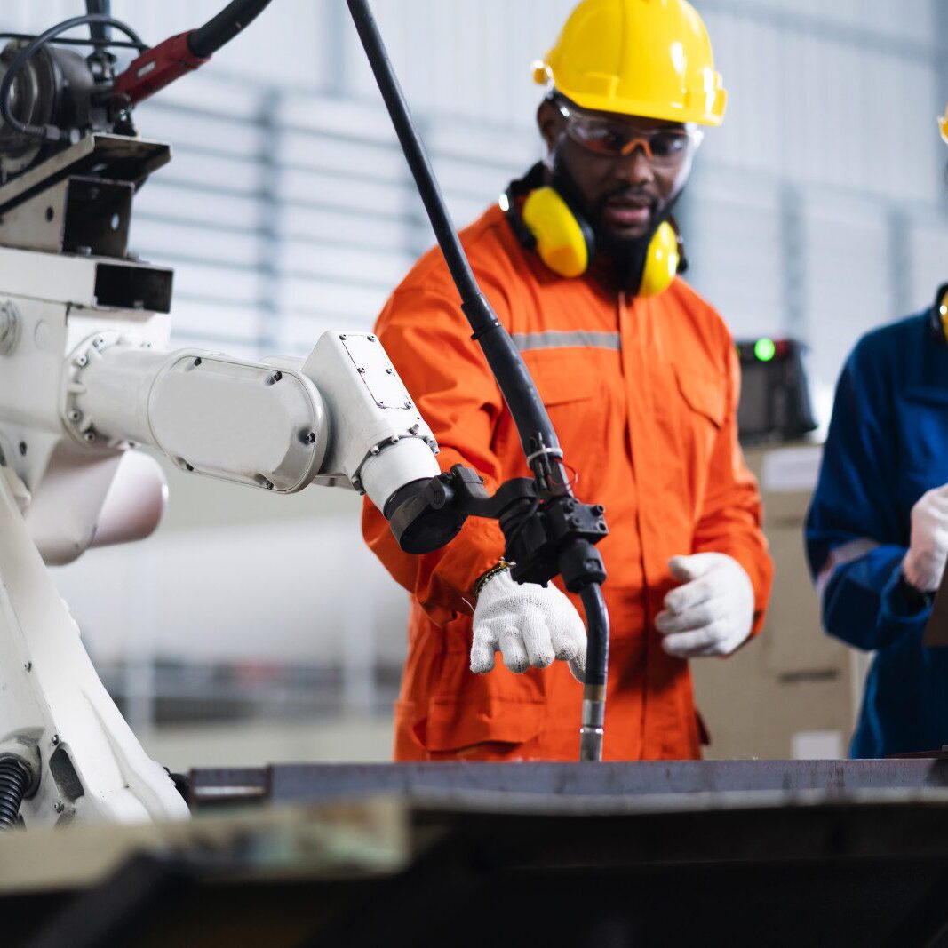 Two workers working with a robot in a factory.